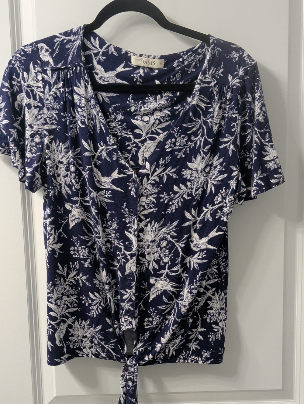 Oasis Navy and White Floral Tie-Front Blouse